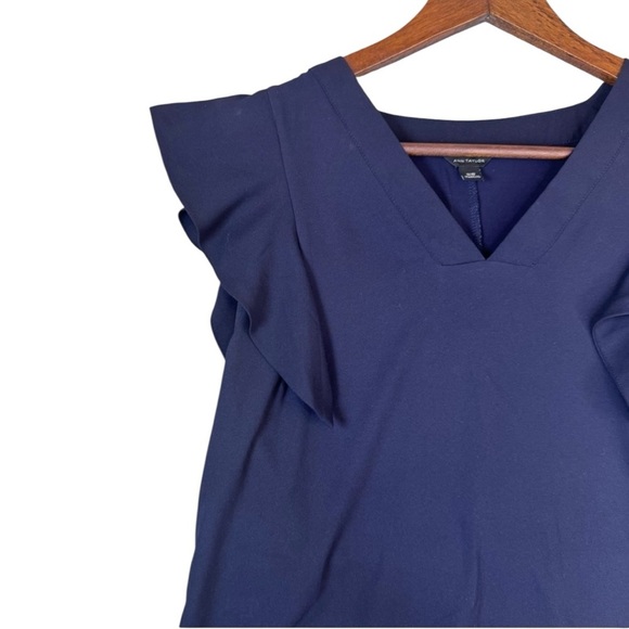 Ann Taylor Navy Blue V Neck Blouse with Ruffled Short Sleeves - Picture 3 of 9